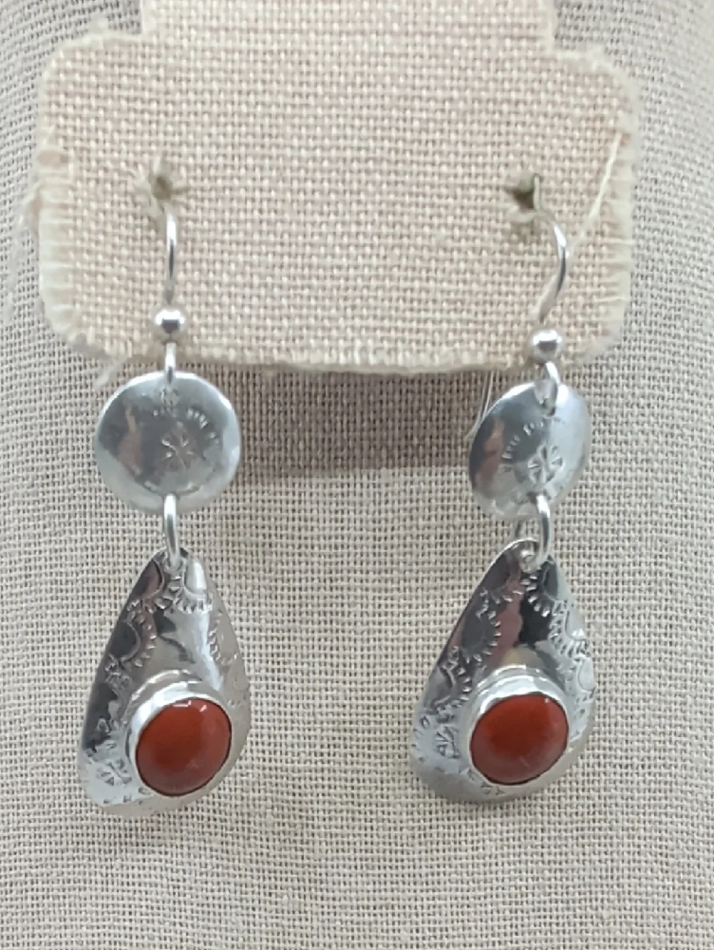 Vintage Sterling Silver Red Coral Cabochon Teardrop Dangle Earrings Artisan